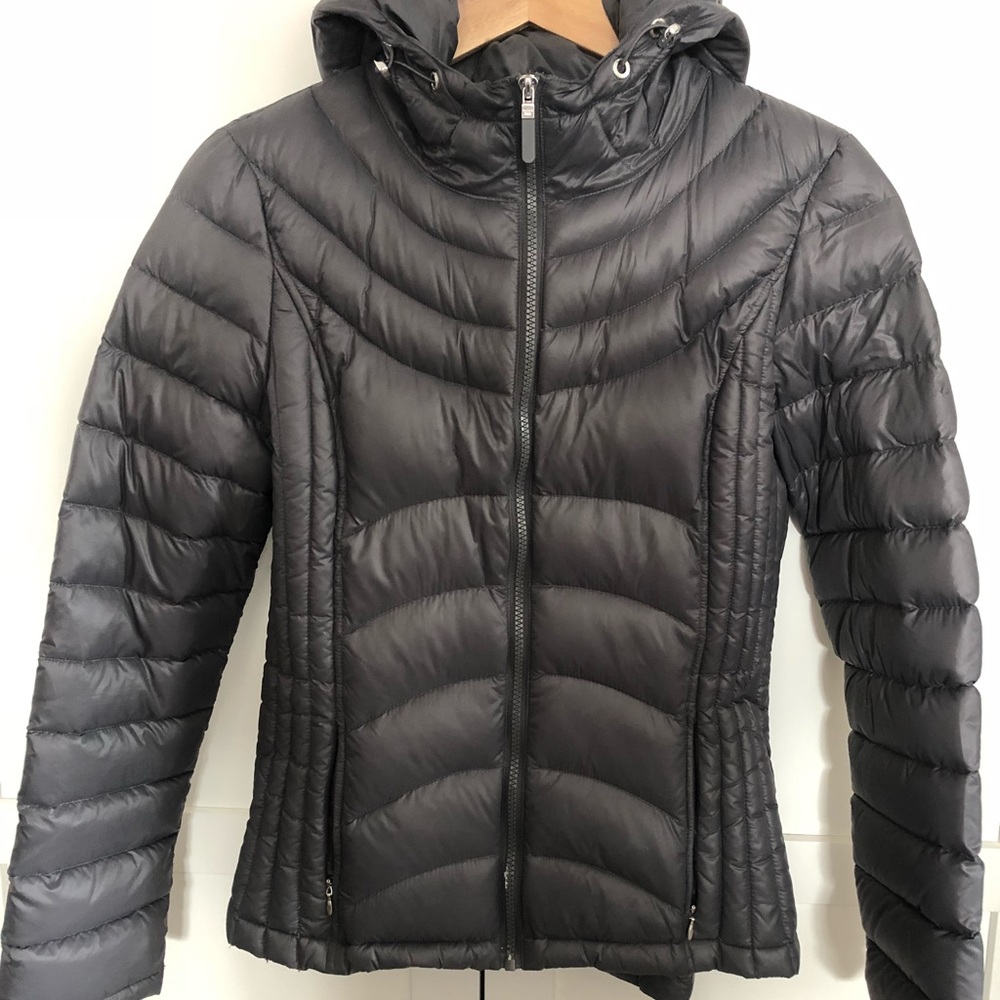 Gray down hooded jacket